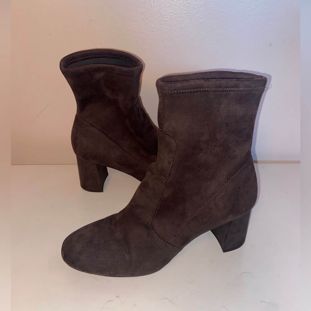 Ann Taylor Brown Women`s Size 8.5 Wraparound Buckle High Block Heel Suede Boots